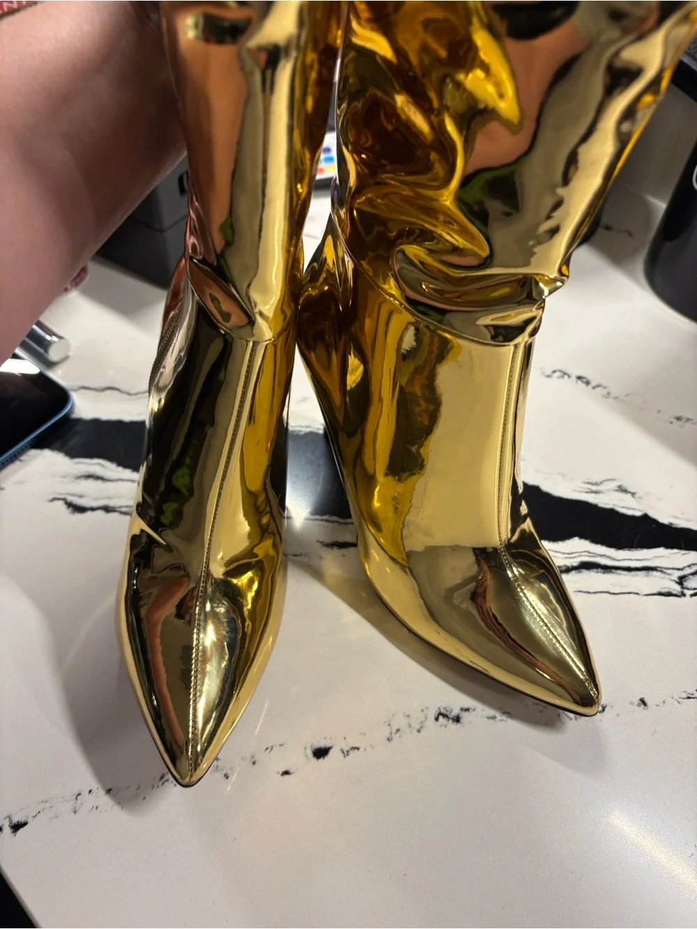 INC International Concepts Shiny Gold Over-the-Knee Ruched Stiletto Boots